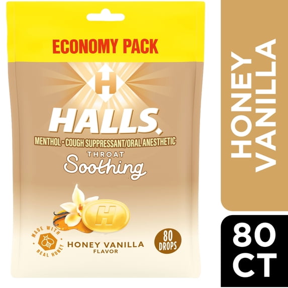 HALLS Throat Soothing Honey Vanilla Cough Drops, Economy Pack, 80 Drops