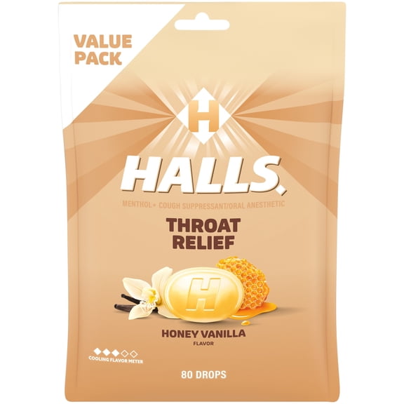 HALLS Throat Relief Honey Vanilla Cough Drops, FSA/HSA Eligible, Value Pack, 80 Drops
