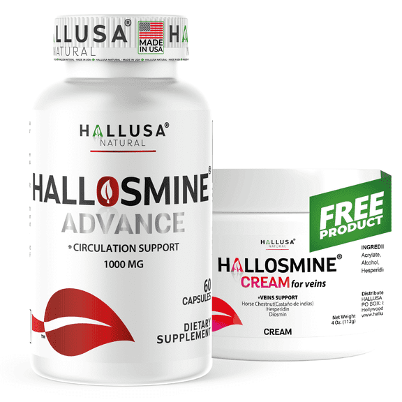 HALLUSA NATURAL Hallosmine Advance Diosmin 1000 mg per serving | 60 Capsules (30 Servings) + FREE 4oz Botanical Leg Cream