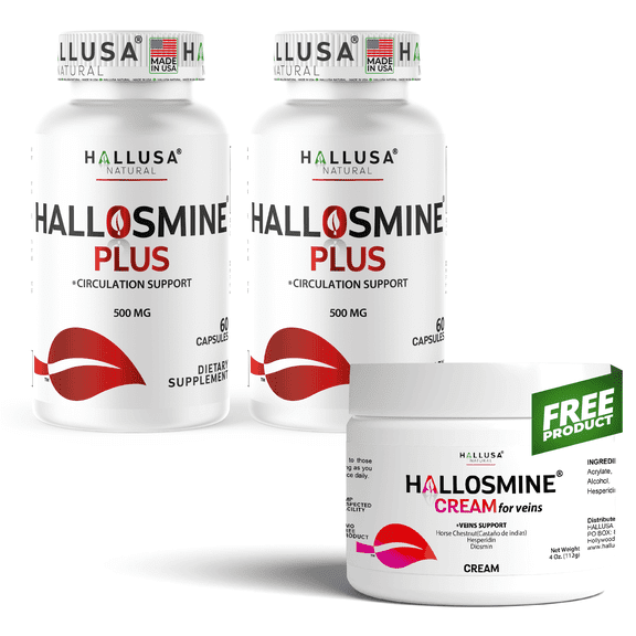 HALLUSA NATURAL Hallosmine PLUS  Diosmin 500 mg | 120 Capsules (60 Servings) + FREE 4 oz Botanical Leg Cream