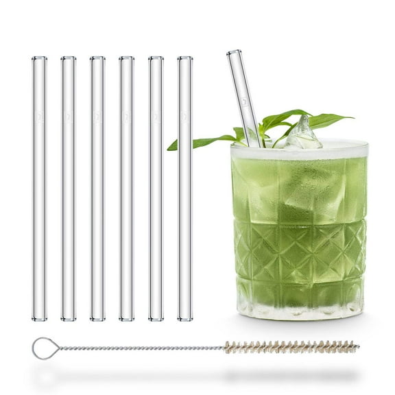 HALM Glass Straws - 6 Reusable 6 inch clear Drinking Straws short + Plastic-Free Cleaning Brush - Made in Germany - Dishwasher Safe - Eco-Friendly - Perfect for Tumbler