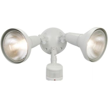 MS34W Motion Activated Security Flood Light – 110° Sensor, 60ft Range, White, Dual Head Outdoor Wall Mount – Bulbs Sold Separately