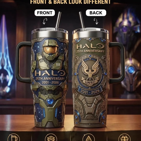 HALO 25th Anniversary (Faux 3D) 40oz Tumbler, Legends Never Die Black Handle Gaming Cup, Sci-Fi Fan Gift