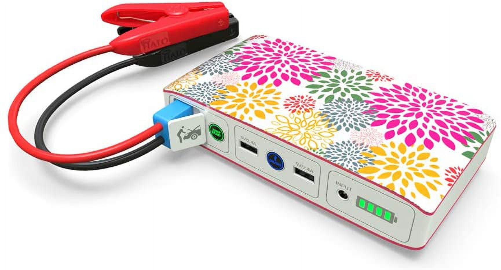HALO Bolt Portable Car Jump Starter 57720 MWH Car Battery Jump Starter with 2 USB Ports To Charge Devices Portable Car Charger Pink Floral