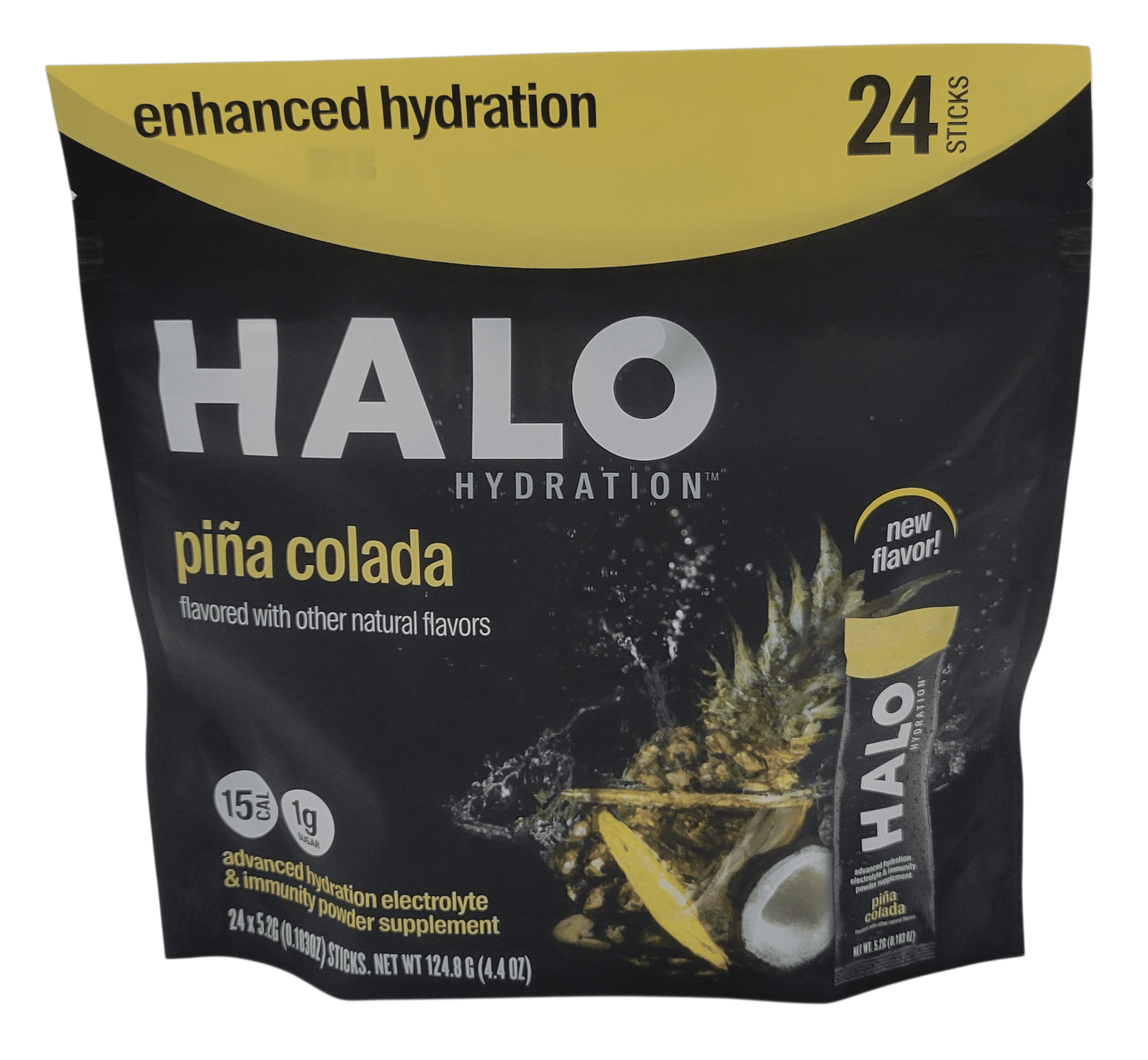 HALO Hydration Piña Colada Electrolyte Drink Mix with Caffeine, Low Sugar (1g), Single-Serve Sticks, 24 Count