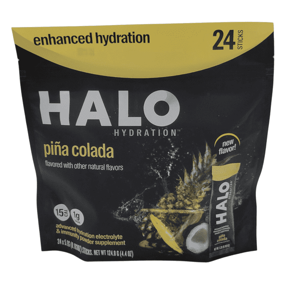 HALO Hydration Pia Colada Electrolyte Drink Mix with Caffeine, Low Sugar (1g), Single-Serve Sticks, 24 Count