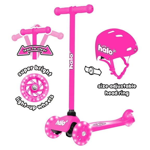 HALO Rise Above Jr 3 Wheel Scooter Combo - Pink - Super-Bright Light up Wheels + Size Adjustable Helmet - Designed for All Riders (Unisex)