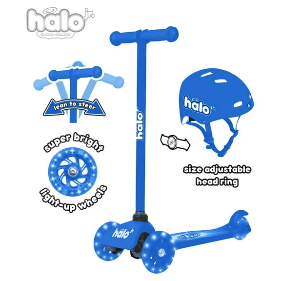 HALO Rise Above Jr 3 Wheel Scooter & Helmet - Blue - 3+ - Super Light up Wheels - Unisex - 44lbs