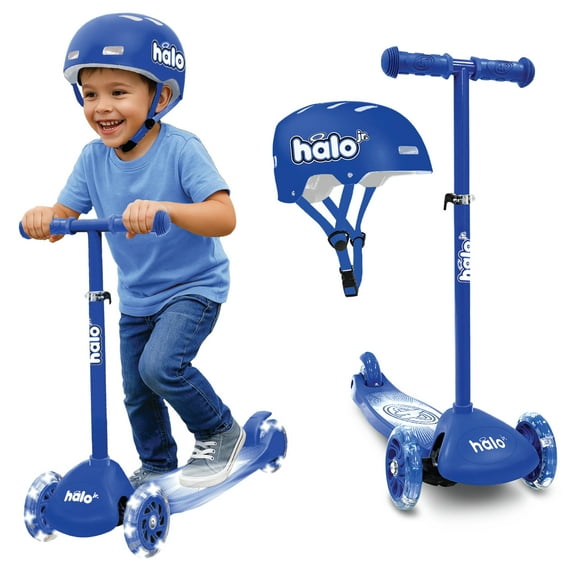 HALO Rise Above Jr 3 Wheel Toddler Scooter and Helmet Set - Blue 2+ - Light up Wheels and Adjustable Helmet