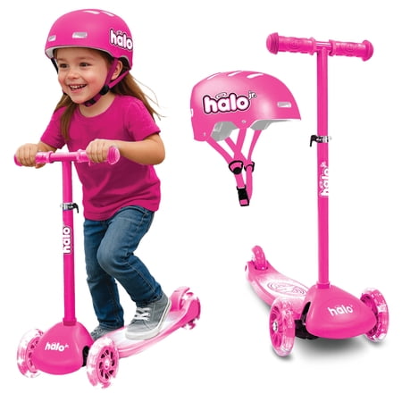 HALO Rise Above Jr 3 Wheel Kids Scooter & Helmet - Pink 3+ - Super-Bright Light up Wheels - Unisex