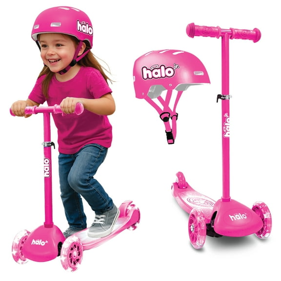 HALO Rise Above Jr 3 Wheel Kids Scooter & Helmet - Pink 3 - Super-Bright Light up Wheels - Unisex
