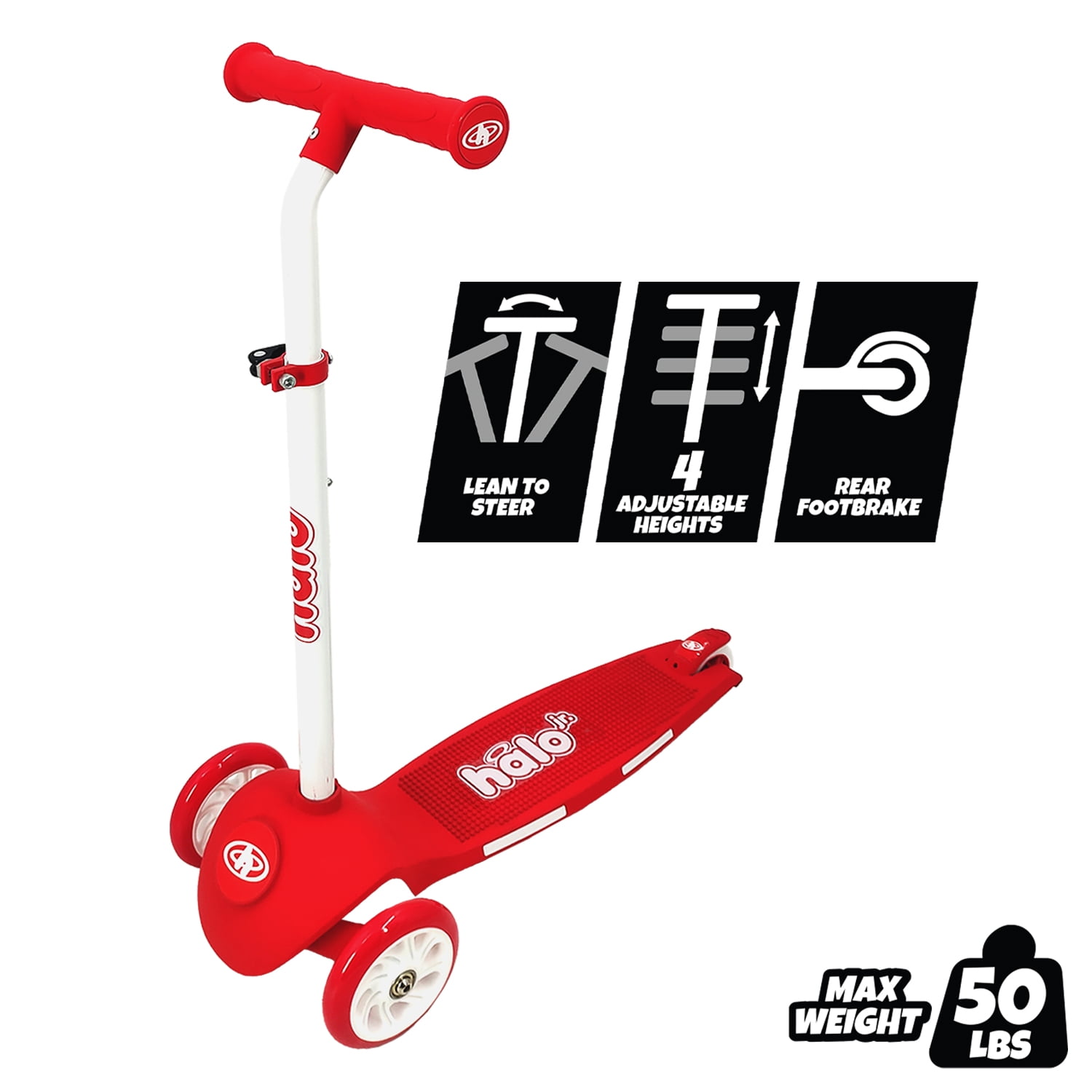 HALO Rise Above Select 3 Wheel Kids Scooter - Red - 50lbs - Max Weight - Unisex