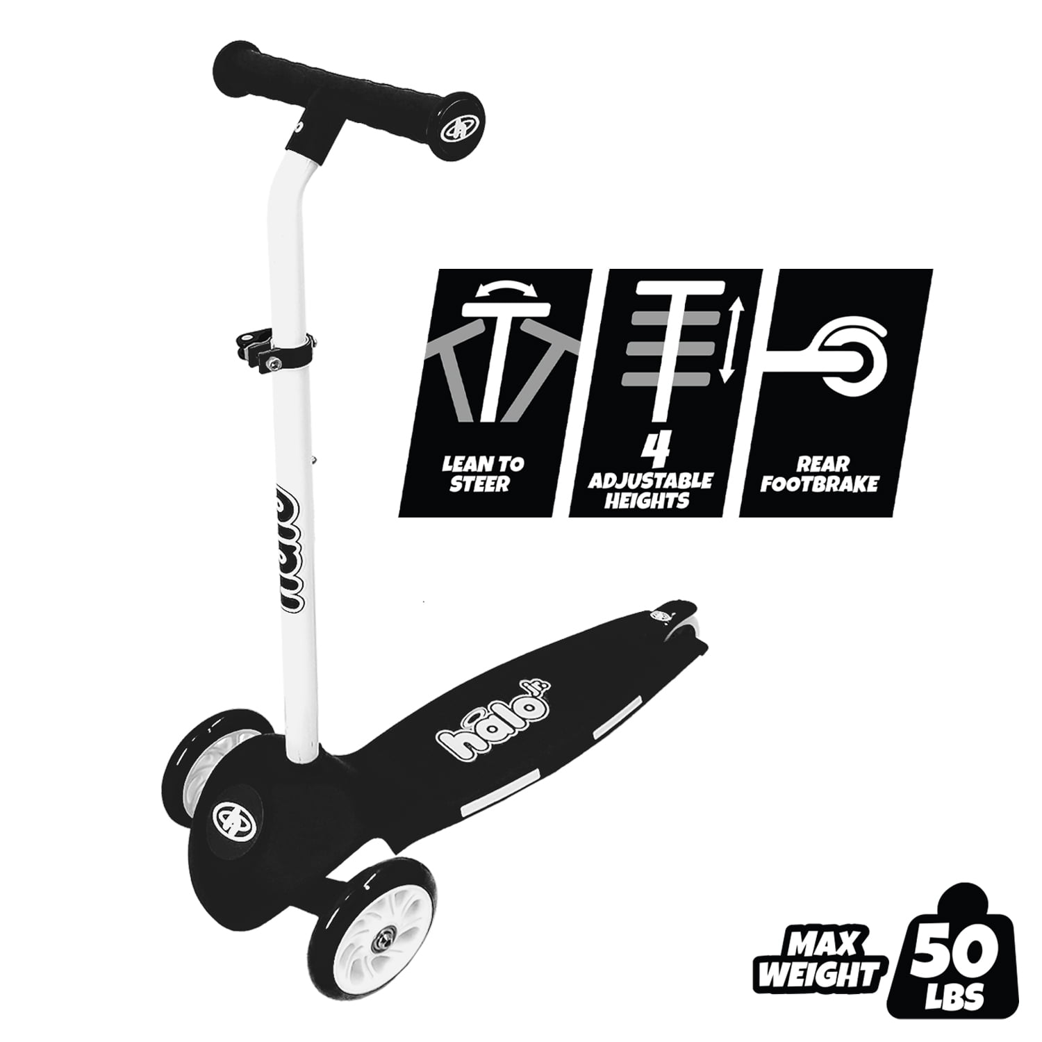HALO Rise Above Select 3 Wheel Scooter - Black - 50lbs Max Weight - Unisex - 2+
