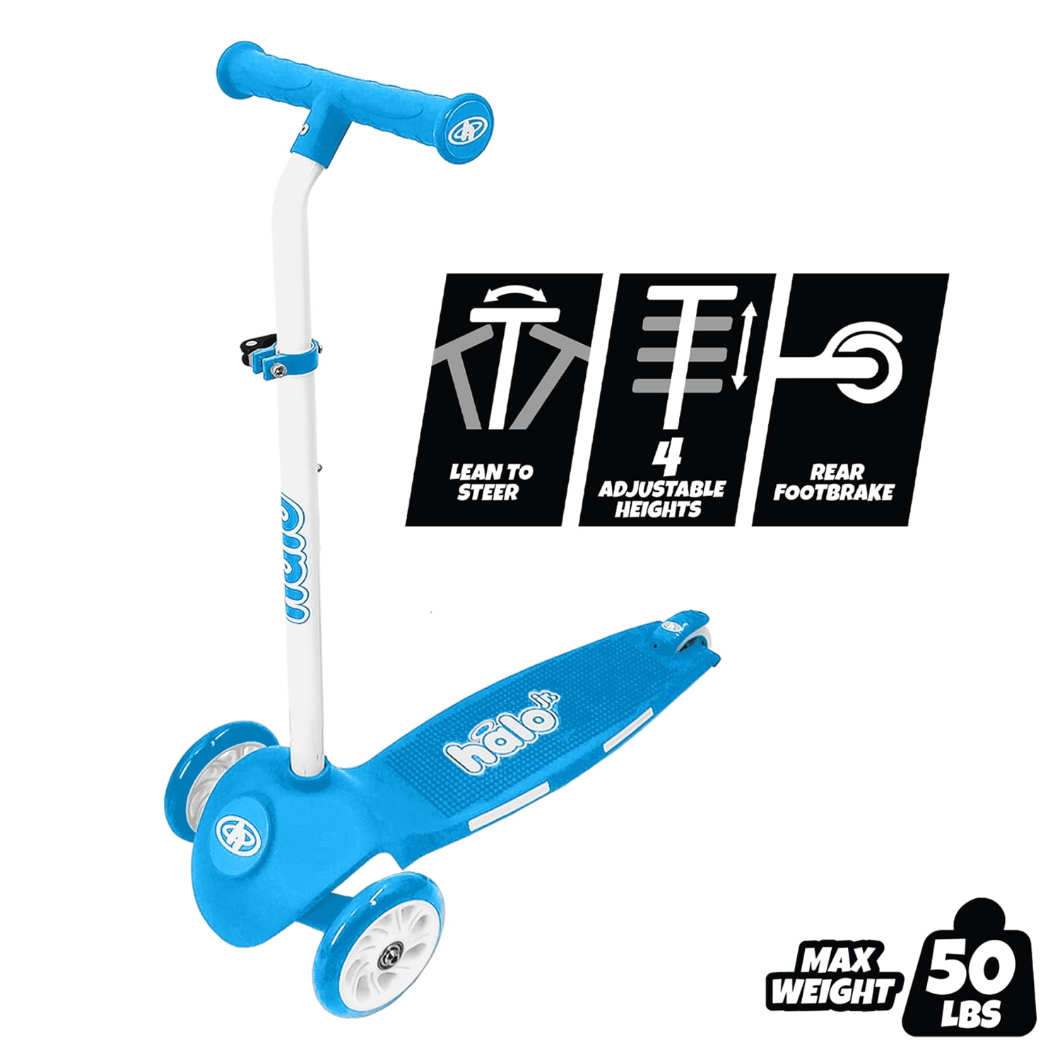HALO Rise Above Select 3 Wheel Scooter - Blue - 50lbs Max Weight - Unisex