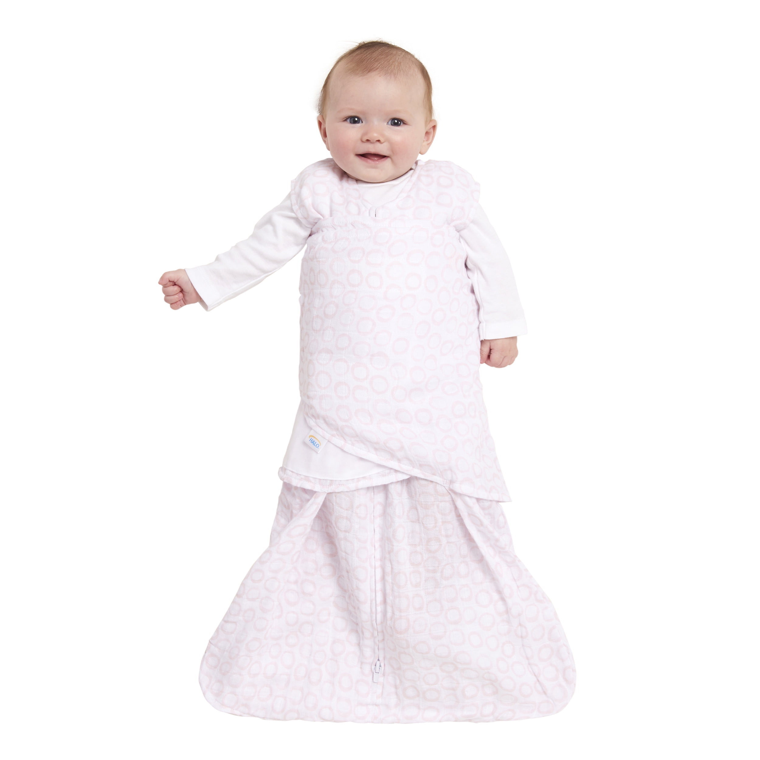 HALO SleepSack Swaddle, 100% Cotton Muslin, Pink Circles, Small