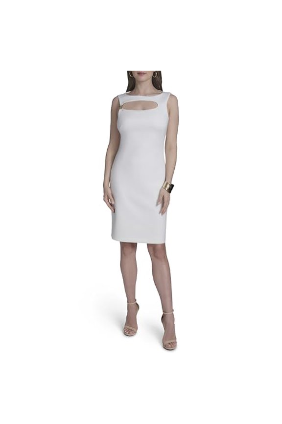 WOMENS SLEEVELESS OPEN NECKLINE SCUBA DRESS - SIZE: WOMEN 14 - CREAM
