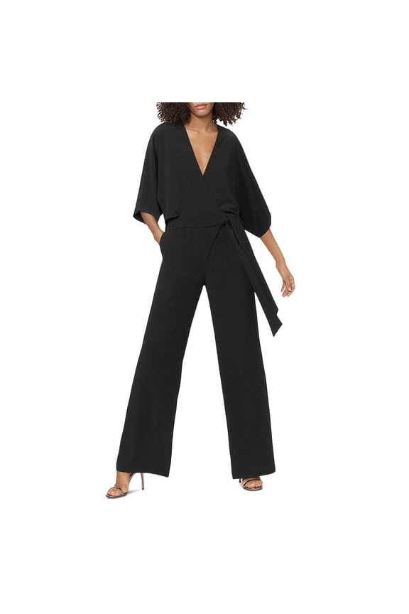 HALSTON Wide Short Sleeve Wrap Front Jumpsuit w/Waist Tie Black 1 4