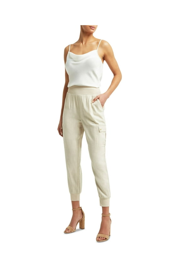 Womens Beige Pocketed Jogger Ribbed Waistband Cuffs High Waist Pants XL