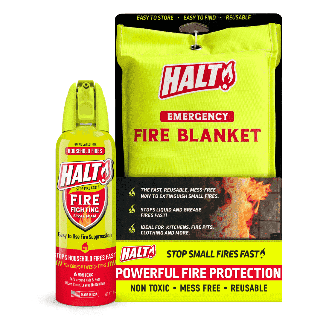 HALT Fire Extinguisher Kit – 10oz Fire Suppression Spray + Fire Blanket - Home Ready Fire Bundle