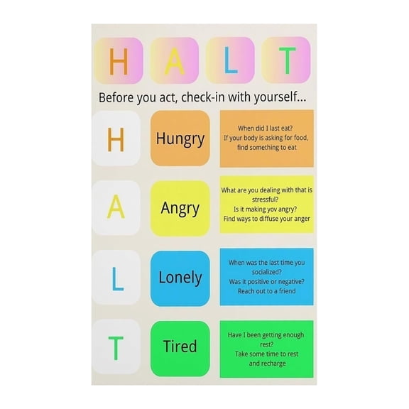 HALT Method Poster Hungry Angry Lonely Tired Mental Health Check Visual Aid Mindfulness Therapy Office or Home Decor Counseling Tool Self Awareness Guide