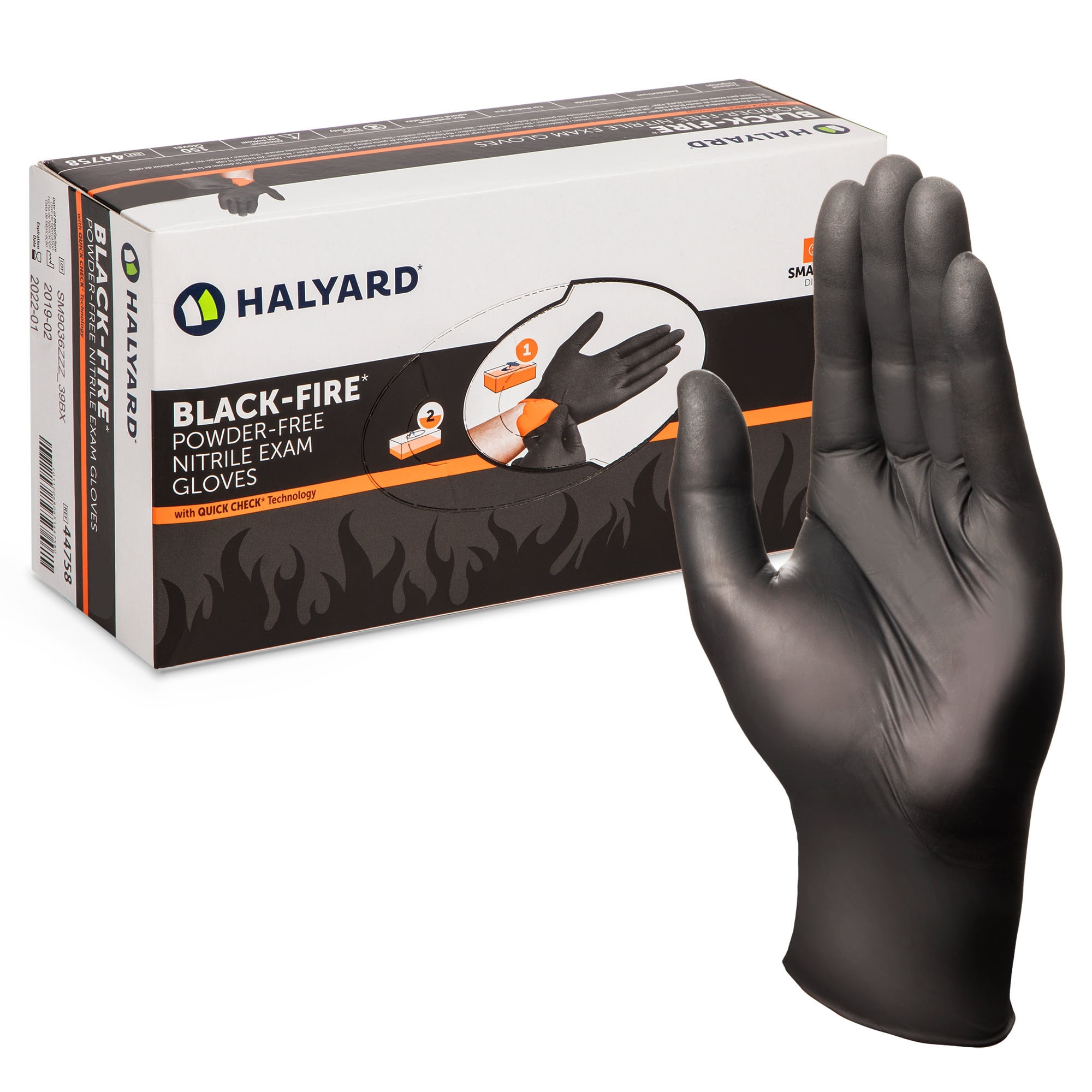 HALYARD Black-FIRE Nitrile Exam Gloves with Quick Check Box of 150, Black/Orange - 5.5 mil, 9.5 Inches Size Small, Breach Detection, Powder-Free Disposable Gloves, 44756