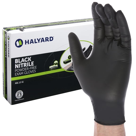HALYARD Black Disposable Nitrile Exam Gloves Powder Free Medical, Dental, Cleaning, Tattoo, Food Safe, 3.5 mil, Size Small, Box of 100