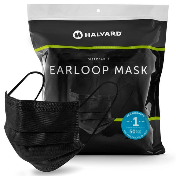 HALYARD Disposable Face Mask with Earloops, Fog-Free, Pleat Style, ASTM LEVEL 1 Procedure Mask, Healthcare, Medical, Dental  Black 49513 Case 500
