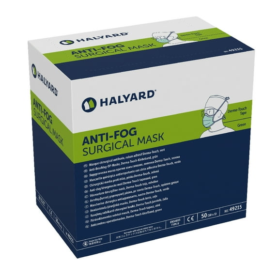 HALYARD Disposable Mask, Three Layer Construction, Anti-Fog, Pleat-Style with Ties & Film Strip, Green, 49215 (Box of 50)