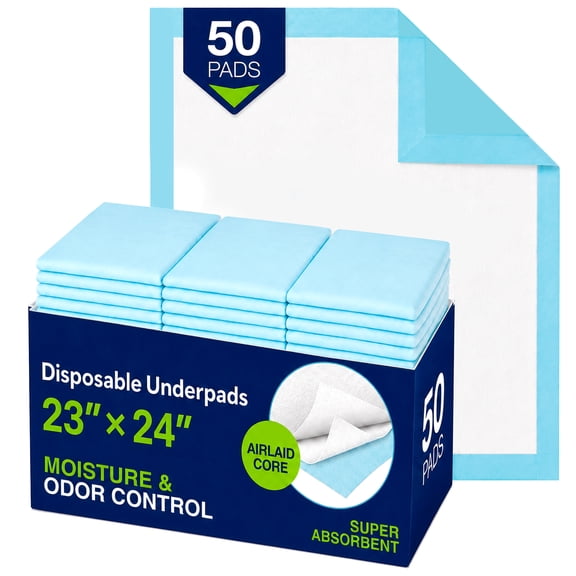 HALYARD Premium Disposable Underpads, 23 X 24 Inches Chux Pads - Light Blue, Pack of 50 - Incontinence Bed Pads for Adults with Airlaid Core for Moisture and Odor Control