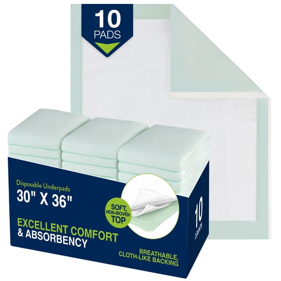 HALYARD Premium Disposable Underpads, 30 x 36 Inches Chux Pads - Light Green, Pack of 10 - Incontinence Bed Pads for Adults with Airlaid Core for Moisture and Odor Control