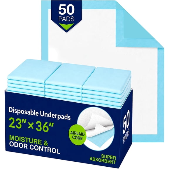 HALYARD Premium Disposable Underpads, 23 X 36 Inches Chux Pads - Light Blue, Pack of 50 - Incontinence Bed Pads for Adults with Airlaid Core for Moisture and Odor Control