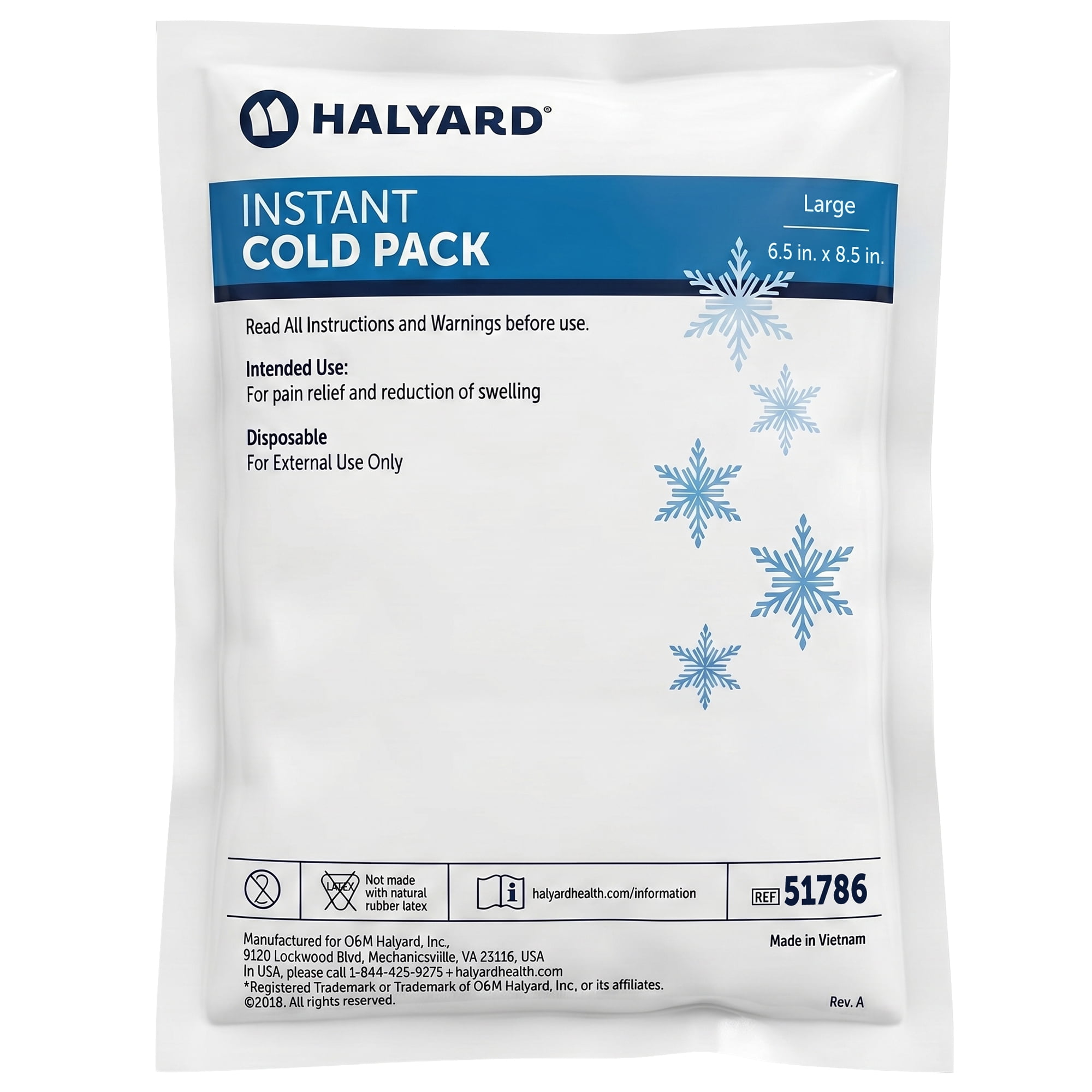 HALYARD Instant Cold Pack Disposable Cold Compress Ice Packs for Swelling Injuries Toothaches Sprains Strains 6.5 x 8.5 Inches, 24 Packs Per Case - 51786