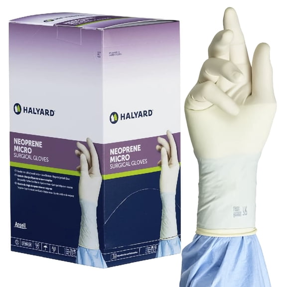 HALYARD Micro Surgical Gloves Sterile Neoprene Individually Wrapped Pairs Powder Free Medical Disposable Gloves, 5.9 mil, Size 8.5 Large, Cream, SGL85085 (Box of 50 Pairs - 100 Total)
