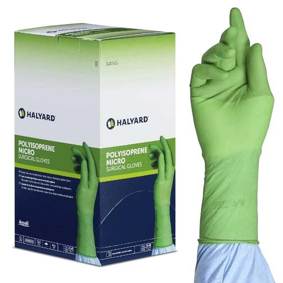 HALYARD Micro Surgical Gloves Sterile Polyisoprene Individually Wrapped Pairs Powder Free Medical Disposable Gloves, 7.9 mil, Size 7.0 Medium, Green, SGL90070 (Box of 50 Pairs - 100 Total)
