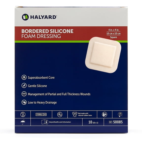 HALYARD Multi-Layer Bordered Silicone Foam Wound Dressing, Gentle Adhesive Superabsorbent Core Conformable & Breathable Water Resistant Protective Film Backing, 4 Inch x 4 Inch (Box of 10)