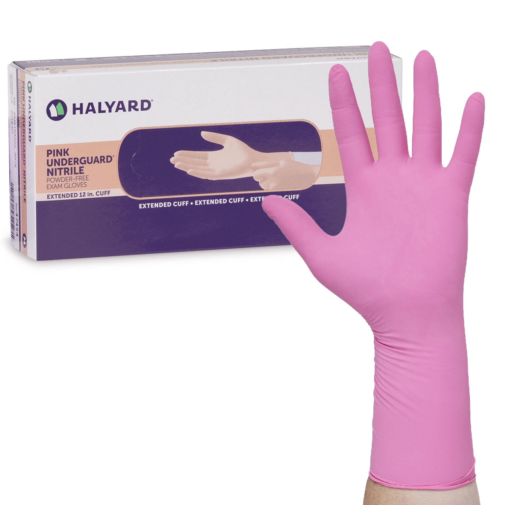 HALYARD PINK UNDERGUARD Nitrile Exam Gloves, Powder-Free, 4.7 mil, Extended 12 Inches Cuff, Pink, X-Small, 47452 (Box of 100)