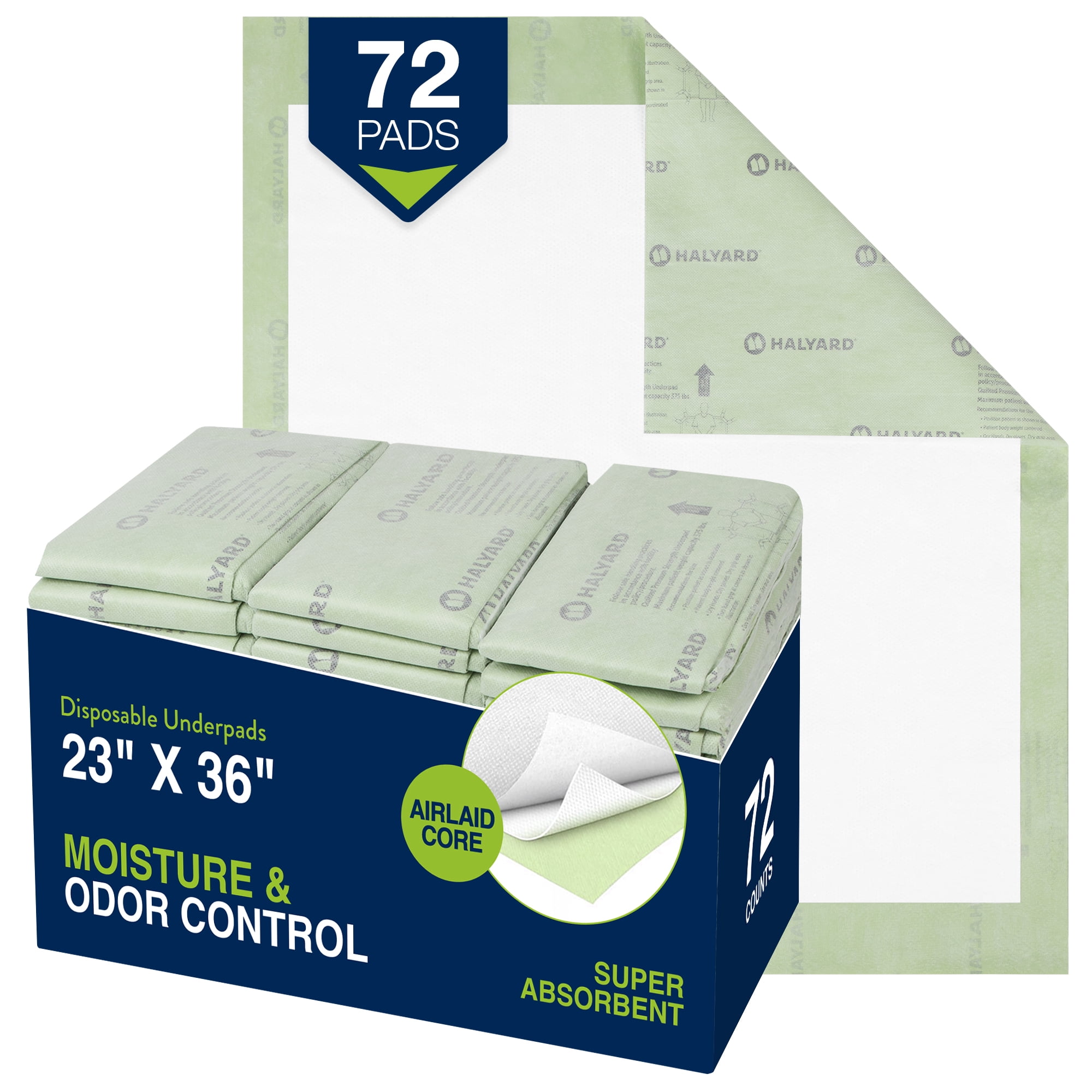 HALYARD Premium Disposable Underpads, 23 x 36 Inches Chux Pads - Green, Case of 72 - Incontinence Bed Pads for Adults with Airlaid Core for Moisture and Odor Control