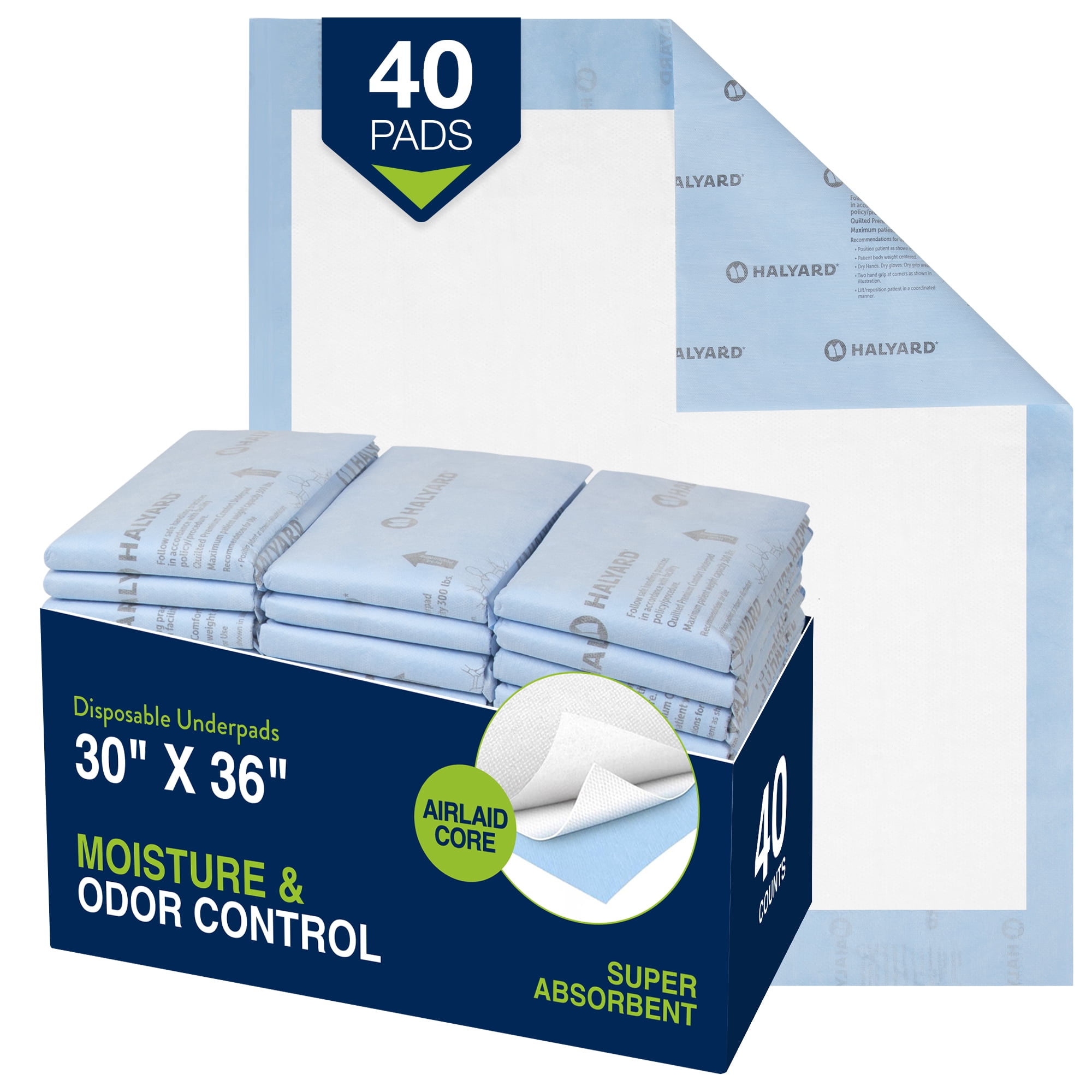 HALYARD Premium Disposable Underpads, 30 x 36 Inches Chux Pads - Blue, Case of 40 - Incontinence Bed Pads for Adults with Airlaid Core for Moisture and Odor Control
