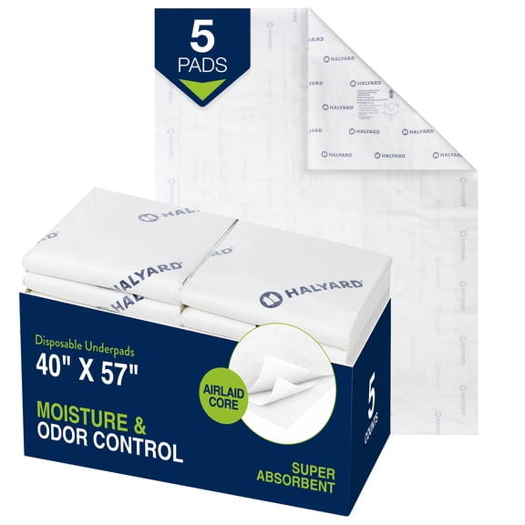 HALYARD Premium Disposable Underpads, 40 x 57 Inches Chux Pads - White, Pack of 5 - Incontinence Bed Pads for Adults with Airlaid Core for Moisture and Odor Control