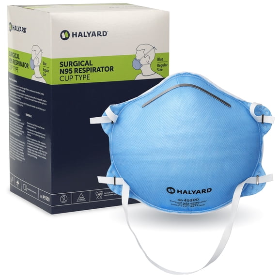 HALYARD Surgical N95 Cup Respirator Mask, Blue, Regular, 180 Count - NIOSH Approved Disposable N95 Face Mask, Fluid Resistant Surgical Respirator with Adjustable Nosepiece & Head Straps