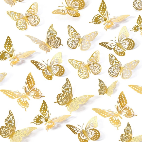 HAMANNI 3D Butterfly Wall Decor – 48-Piece Set, Gold Metallic Butterfly Stickers, Removable, 4 Styles, 3 Sizes, Ideal for Party and Birthday Decorations