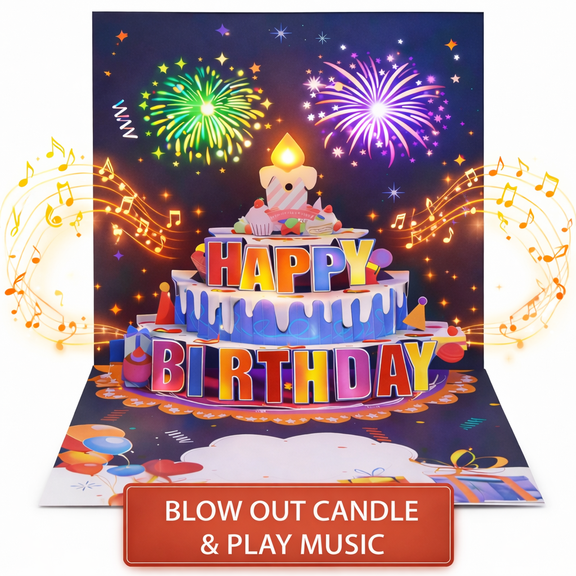 HAMCSTNF Birthday Cards Fireworks Pop Up Cake Blowable Light and Music Happy Birthday Card Gifts for Women Men Mom Kids