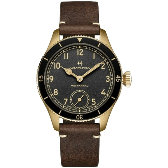 Hamilton Khaki Aviation Pilot Pioneer Mechanical Black Dial Bronze Leather Strap Men's Watch H76709530
