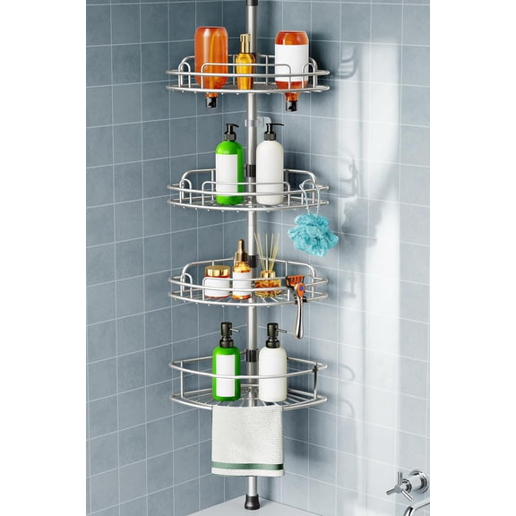 Shower Caddy Tension Pole: 4-Tier Corner Rustproof Bathroom Organizer - No-Drill Adjustable Shower Shelf for Renters - Floor to Ceiling Family Apartment Storage Rack - 47-121 Inch Silver Gray