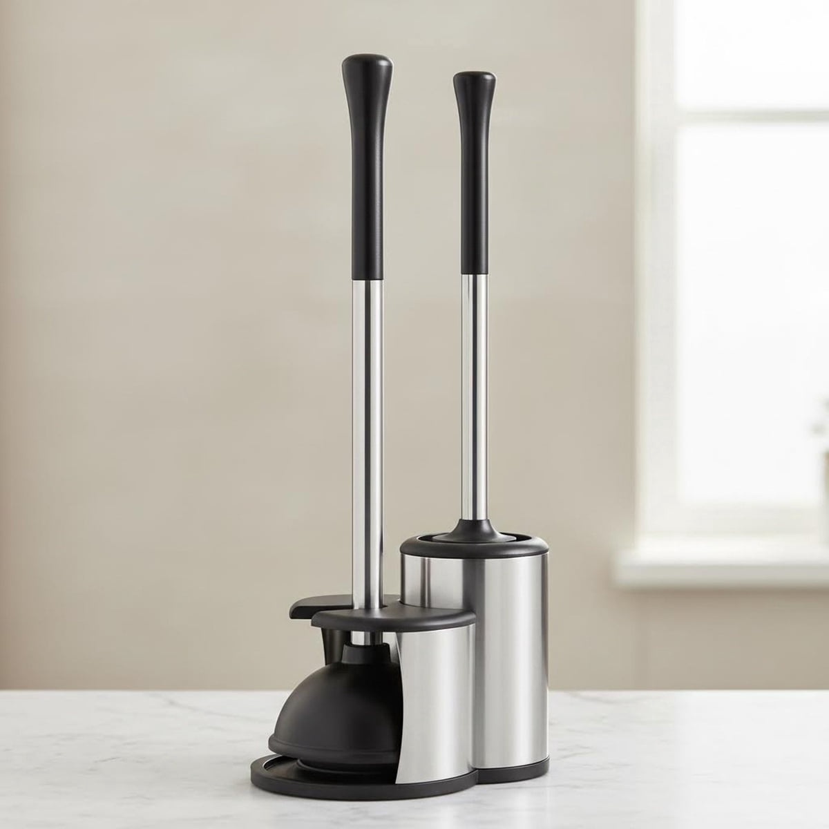 HAMITOR Toilet Plunger Bowl Brush Set: Heavy Duty Plunger Scrubber Cleaner with Covered Caddy Holder Combo for Bathroom