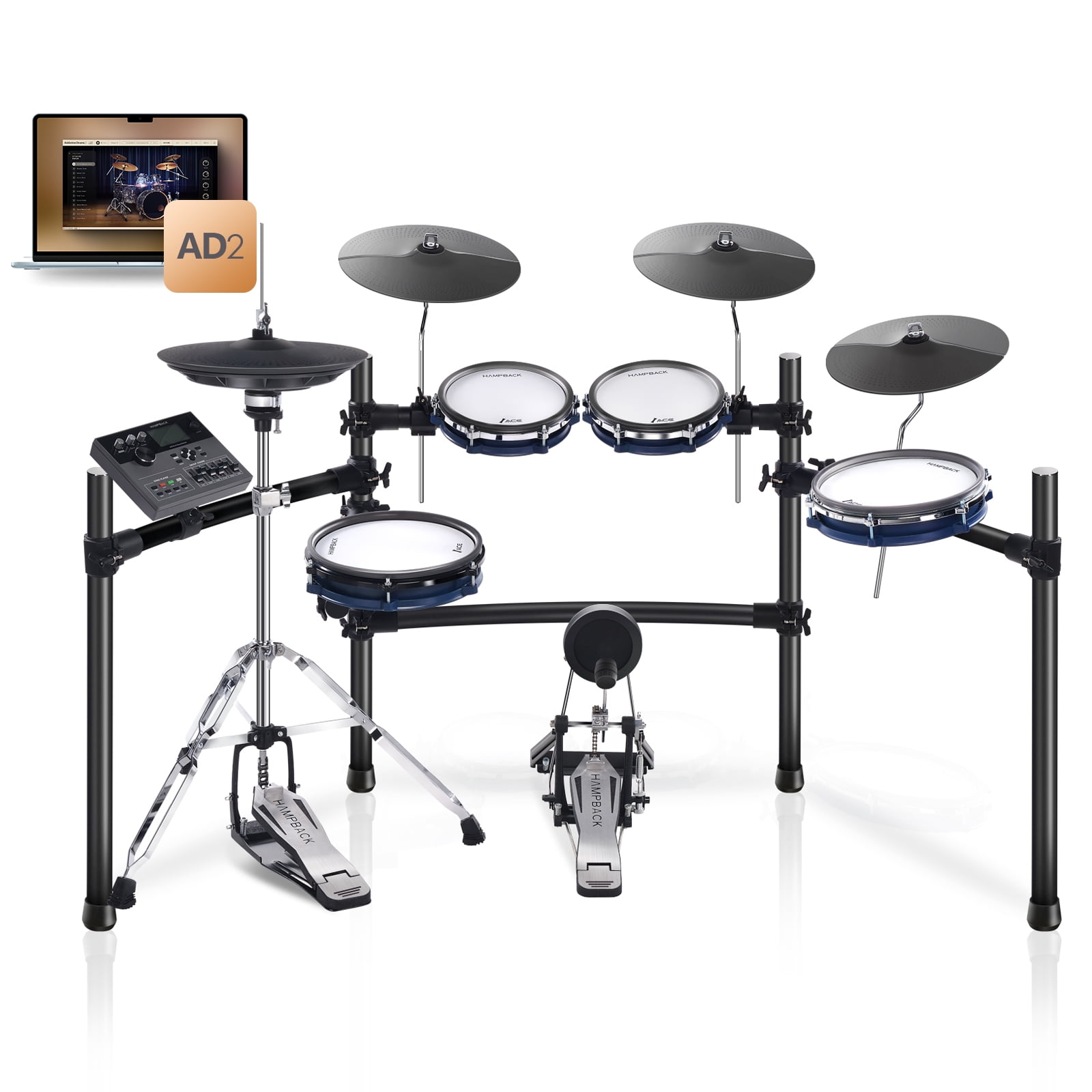HAMPBACK ACE-360 Electric Drum Set for Adults, 10'' Snare Drum, 3x12" Cymbals with Choke, 12" Independent Hi-Hat, 5" Bass Drum, 52+ Drum Kits, 918 Sounds, Bluetooth Connection, Suitable for Advanced