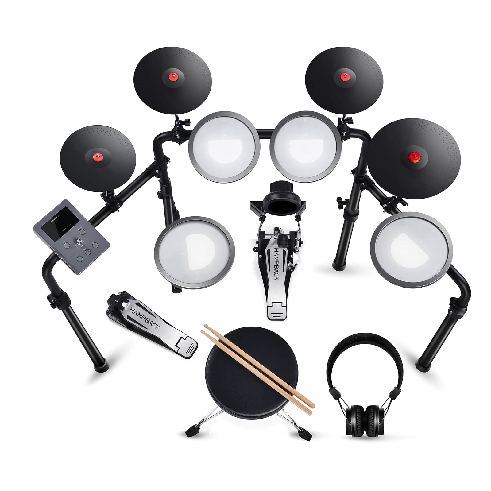 HAMPBACK MK-0 Plus Electric Drum Set for Beginner  5" Kick Drum, Quite Mesh Pads, Full Rubber Crash, 12 Drum Kits and 74 Sounds, Bluetooth, Throne, Sticks, Headphones.