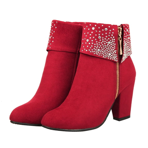 HAMPPLIES Women's Red High Heel Boots with Side Zipper, PU Upper and Rubber Sole, Elegant Stylish Footwear Pair