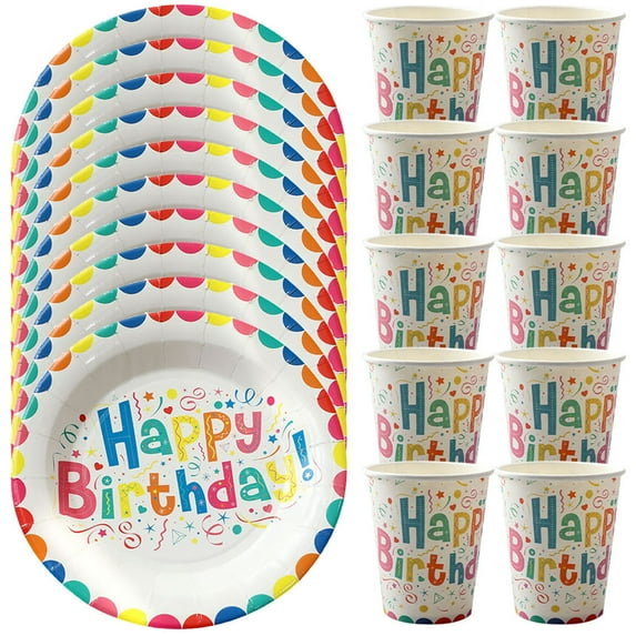 HAMPPLIES 10 Cups Paper Dinnerware for Parties Multi-Color Round Charming Birthday Paper Plates and Cups