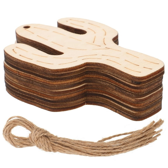 HAMPPLIES 10Pcs Wooden Cactus Ornaments for DIY Craft Projects 3.6x2.3x0.1in Light Brown Rustic Style Home Decor